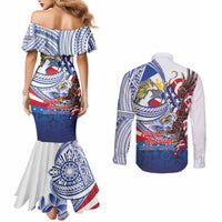 Filipino American History Month Couples Matching Mermaid Dress and Long Sleeve Button Shirt Philippines Agila USA Eagle Mix Flag