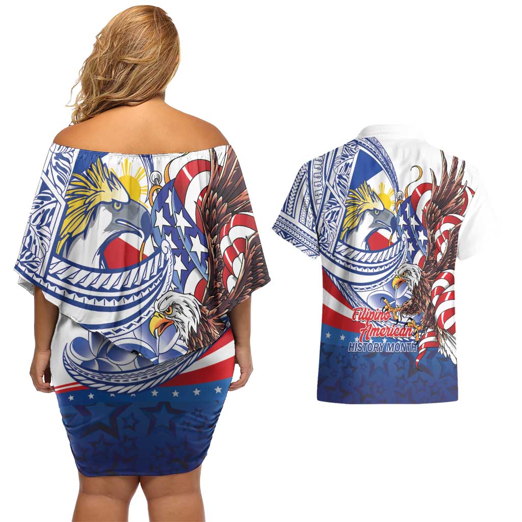 Filipino American History Month Couples Matching Off Shoulder Short Dress and Hawaiian Shirt Philippines Agila USA Eagle Mix Flag