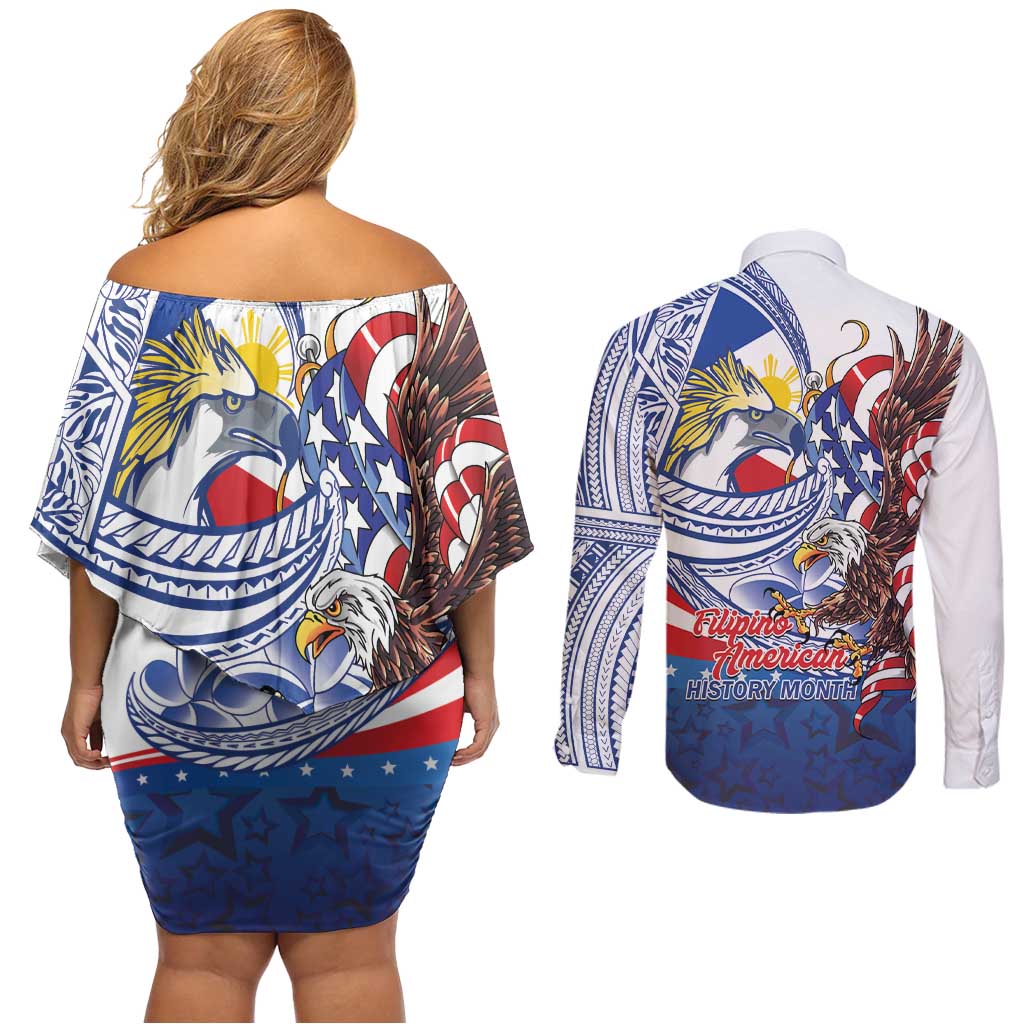Filipino American History Month Couples Matching Off Shoulder Short Dress and Long Sleeve Button Shirt Philippines Agila USA Eagle Mix Flag LT14 - Polynesian Pride