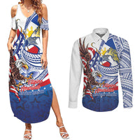 Filipino American History Month Couples Matching Summer Maxi Dress and Long Sleeve Button Shirt Philippines Agila USA Eagle Mix Flag LT14 Blue - Polynesian Pride