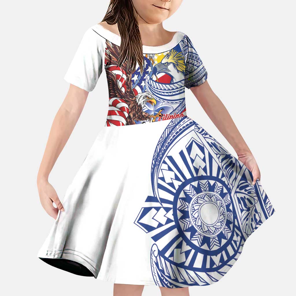 Filipino American History Month Family Matching Tank Maxi Dress and Hawaiian Shirt Philippines Agila USA Eagle Mix Flag LT14 Daughter's Dress Blue - Polynesian Pride