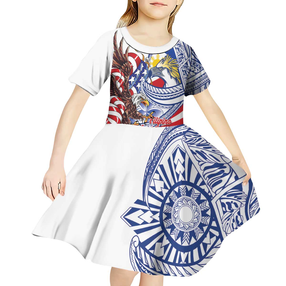 Filipino American History Month Kid Short Sleeve Dress Philippines Agila USA Eagle Mix Flag LT14 - Polynesian Pride