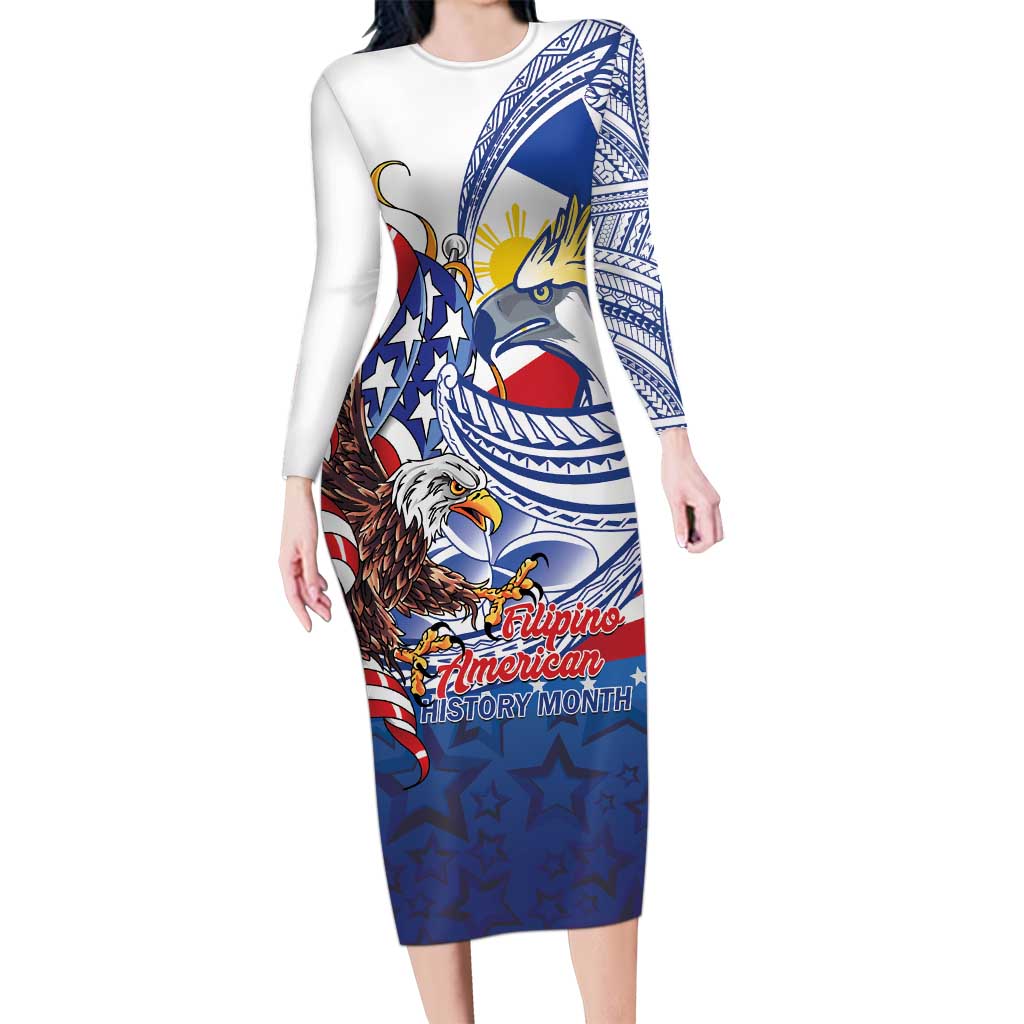 Filipino American History Month Long Sleeve Bodycon Dress Philippines Agila USA Eagle Mix Flag LT14 Long Dress Blue - Polynesian Pride