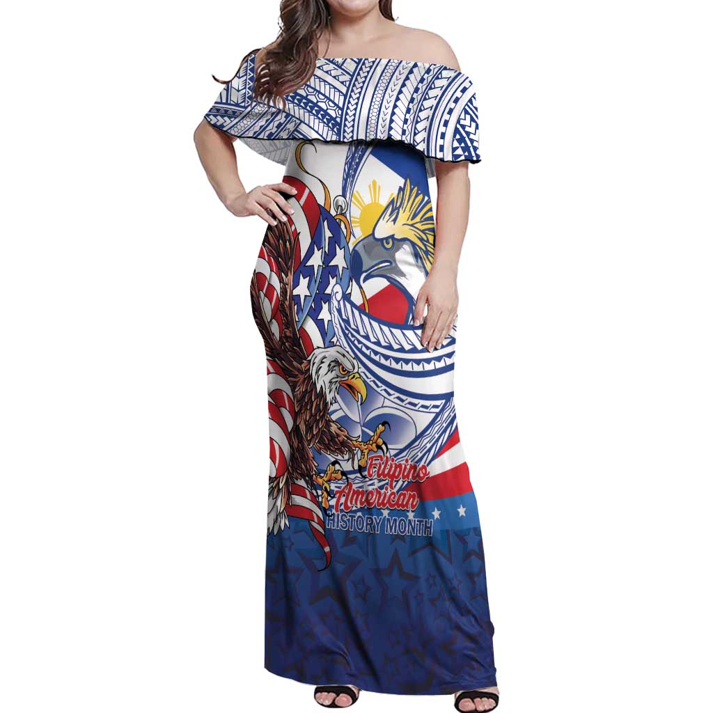 Filipino American History Month Off Shoulder Maxi Dress Philippines Agila USA Eagle Mix Flag LT14 Women Blue - Polynesian Pride