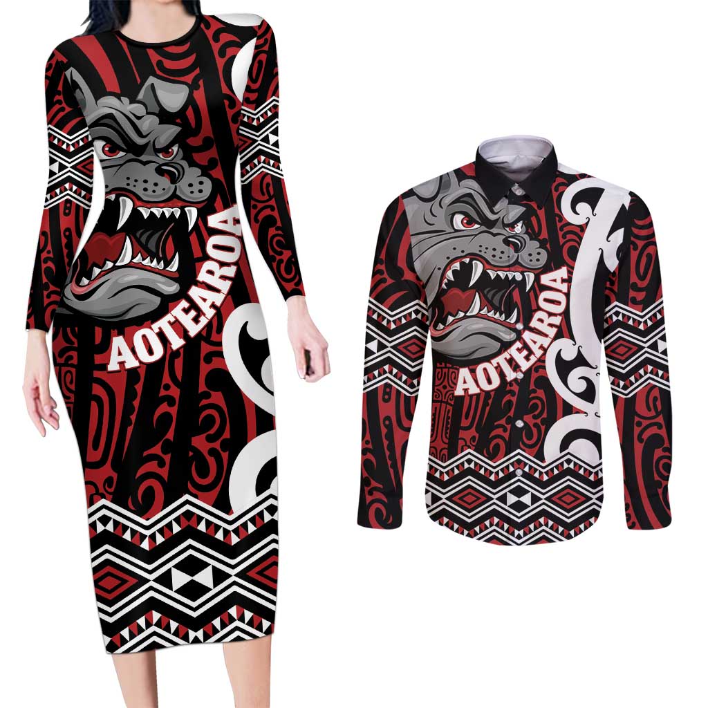 Personalised Aotearoa Bulldog Couples Matching Long Sleeve Bodycon Dress and Long Sleeve Button Shirt New Zealand Maori Taniko Art