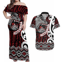 Personalised Aotearoa Bulldog Couples Matching Off Shoulder Maxi Dress and Hawaiian Shirt New Zealand Maori Taniko Art