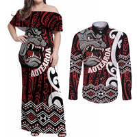 Personalised Aotearoa Bulldog Couples Matching Off Shoulder Maxi Dress and Long Sleeve Button Shirt New Zealand Maori Taniko Art