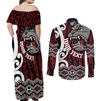 Personalised Aotearoa Bulldog Couples Matching Off Shoulder Maxi Dress and Long Sleeve Button Shirt New Zealand Maori Taniko Art