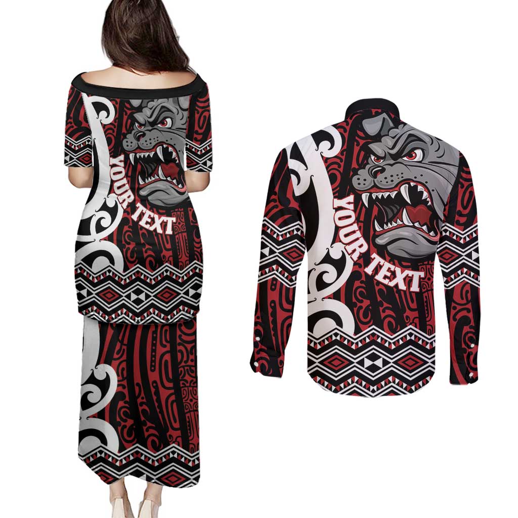 Personalised Aotearoa Bulldog Couples Matching Puletasi and Long Sleeve Button Shirt New Zealand Maori Taniko Art