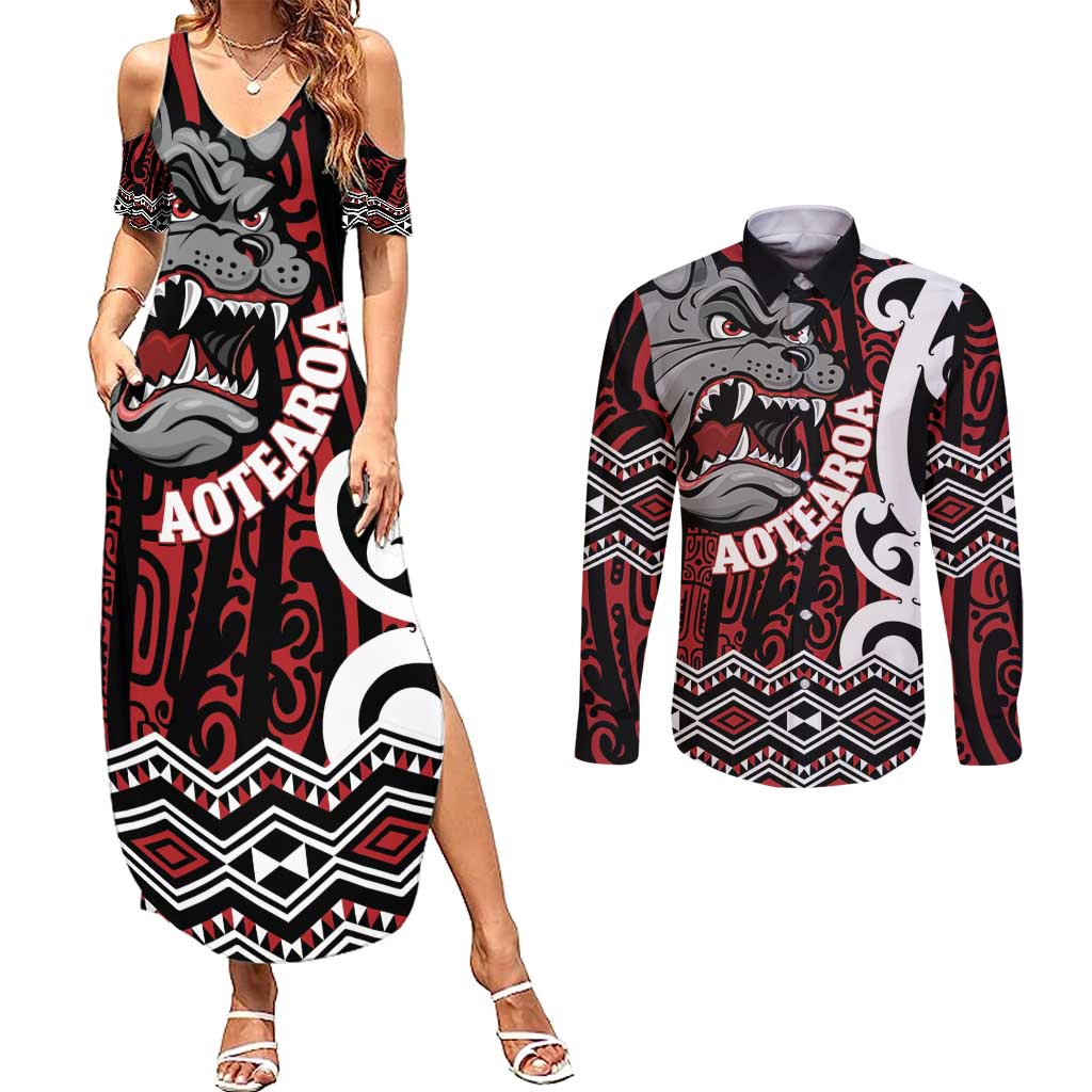 Personalised Aotearoa Bulldog Couples Matching Summer Maxi Dress and Long Sleeve Button Shirt New Zealand Maori Taniko Art