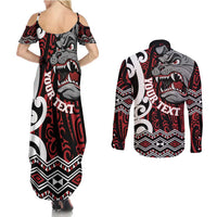 Personalised Aotearoa Bulldog Couples Matching Summer Maxi Dress and Long Sleeve Button Shirt New Zealand Maori Taniko Art