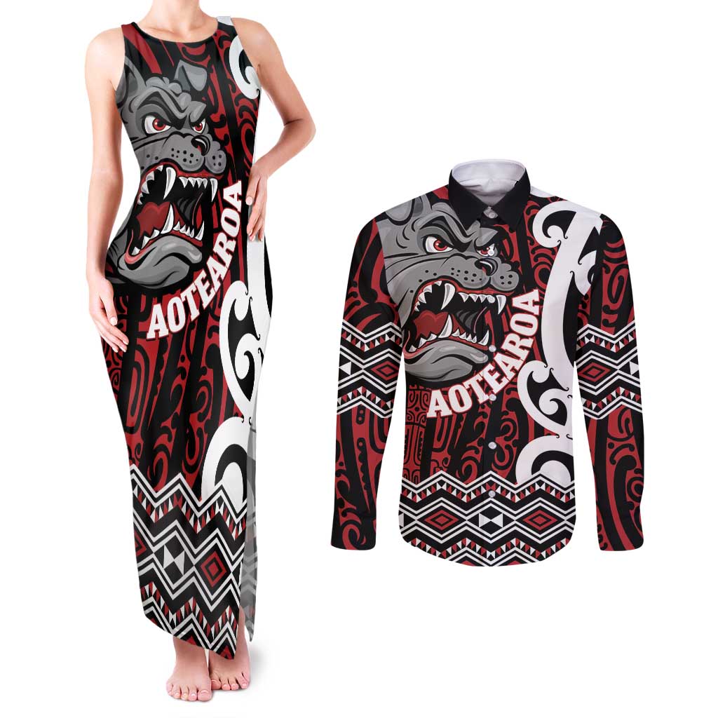 Personalised Aotearoa Bulldog Couples Matching Tank Maxi Dress and Long Sleeve Button Shirt New Zealand Maori Taniko Art