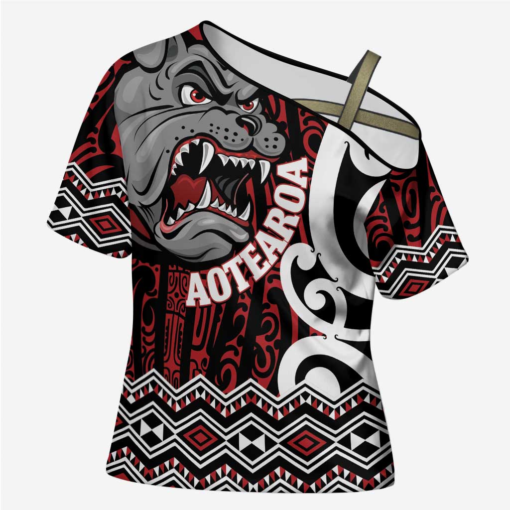 Personalised Aotearoa Bulldog Cross Shoulder Shirt New Zealand Maori Taniko Art - Polynesian Pride