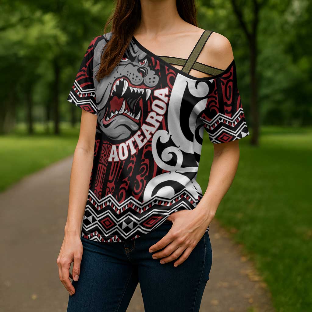 Personalised Aotearoa Bulldog Cross Shoulder Shirt New Zealand Maori Taniko Art - Polynesian Pride