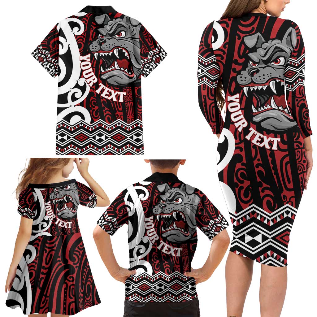 Personalised Aotearoa Bulldog Family Matching Long Sleeve Bodycon Dress and Hawaiian Shirt New Zealand Maori Taniko Art