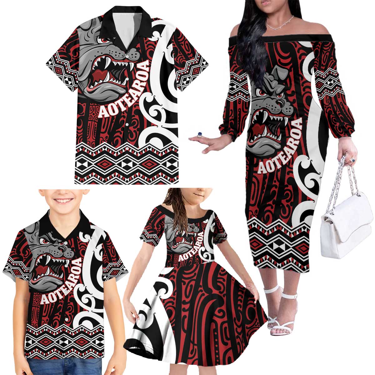 Personalised Aotearoa Bulldog Family Matching Off The Shoulder Long Sleeve Dress and Hawaiian Shirt New Zealand Maori Taniko Art