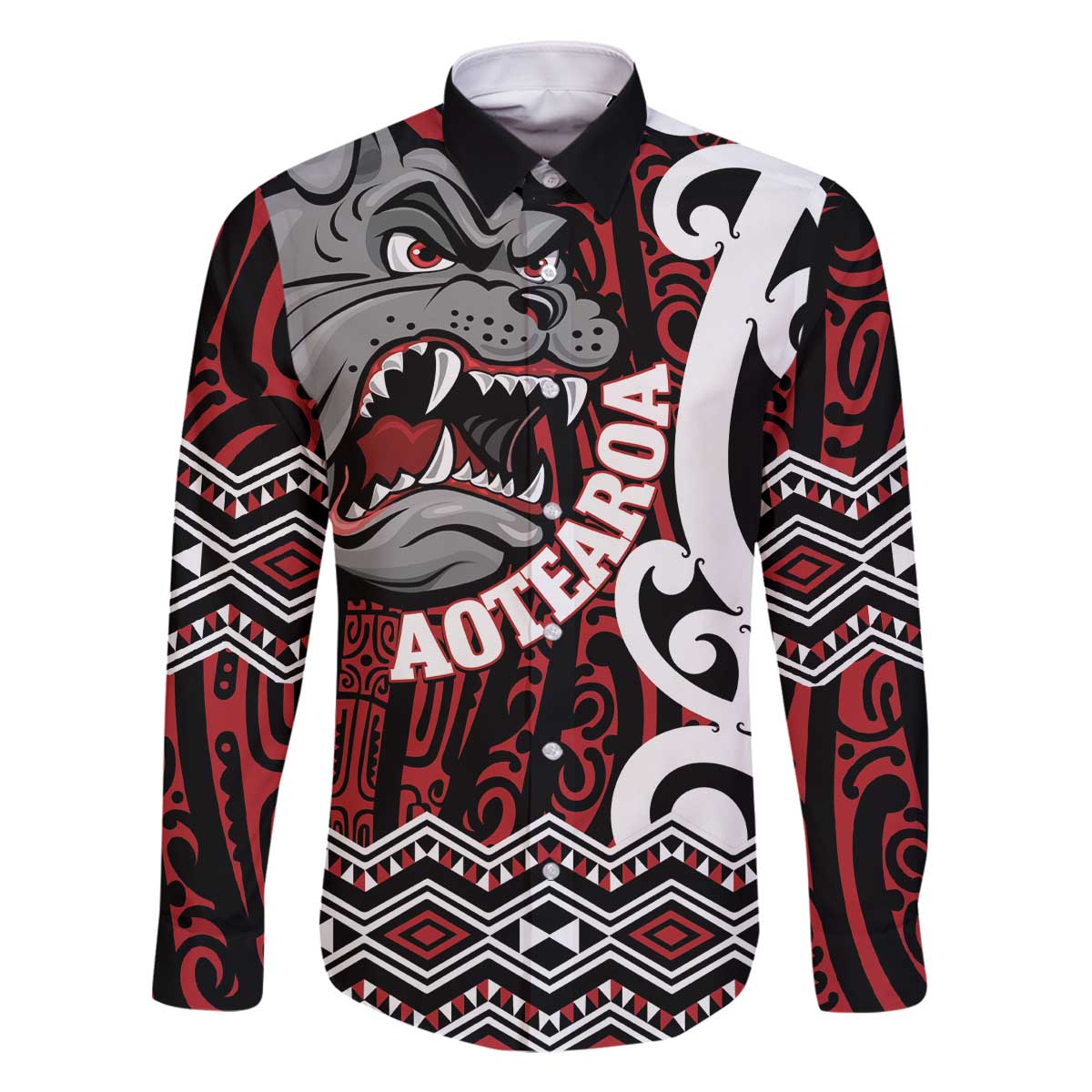 Personalised Aotearoa Bulldog Family Matching Off The Shoulder Long Sleeve Dress and Hawaiian Shirt New Zealand Maori Taniko Art