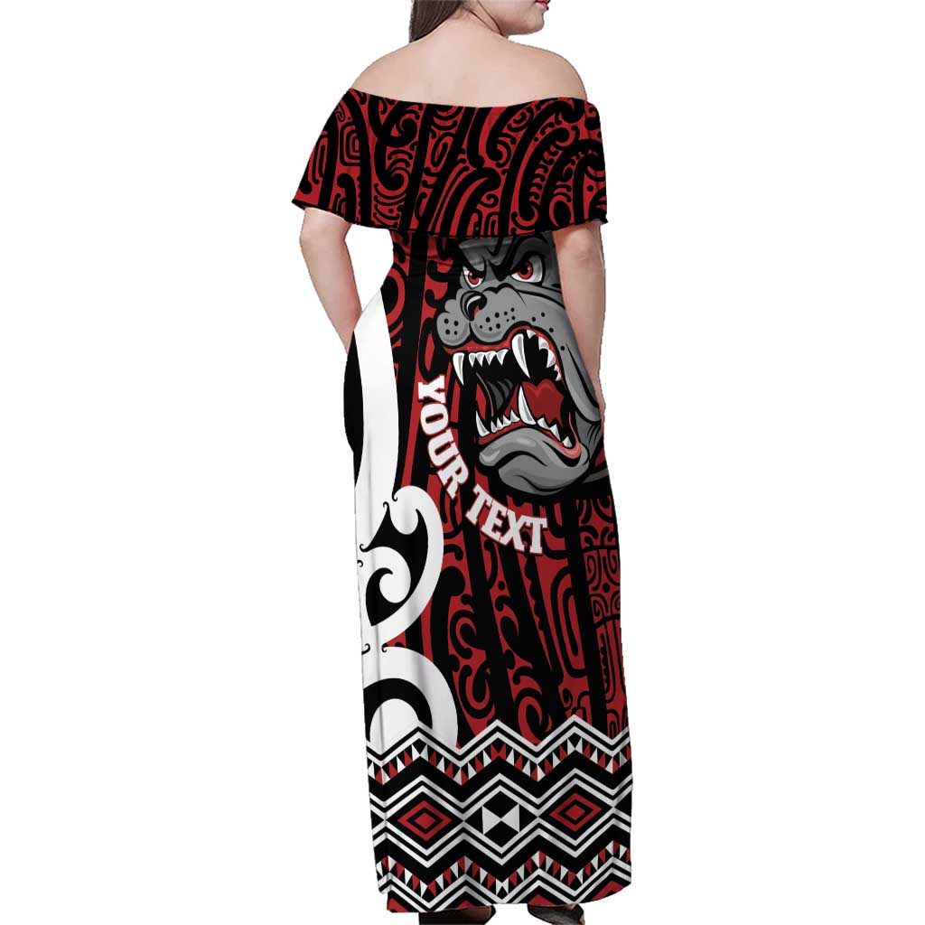 Personalised Aotearoa Bulldog Family Matching Off Shoulder Maxi Dress and Hawaiian Shirt New Zealand Maori Taniko Art