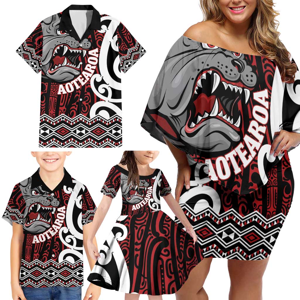 Personalised Aotearoa Bulldog Family Matching Off Shoulder Short Dress and Hawaiian Shirt New Zealand Maori Taniko Art