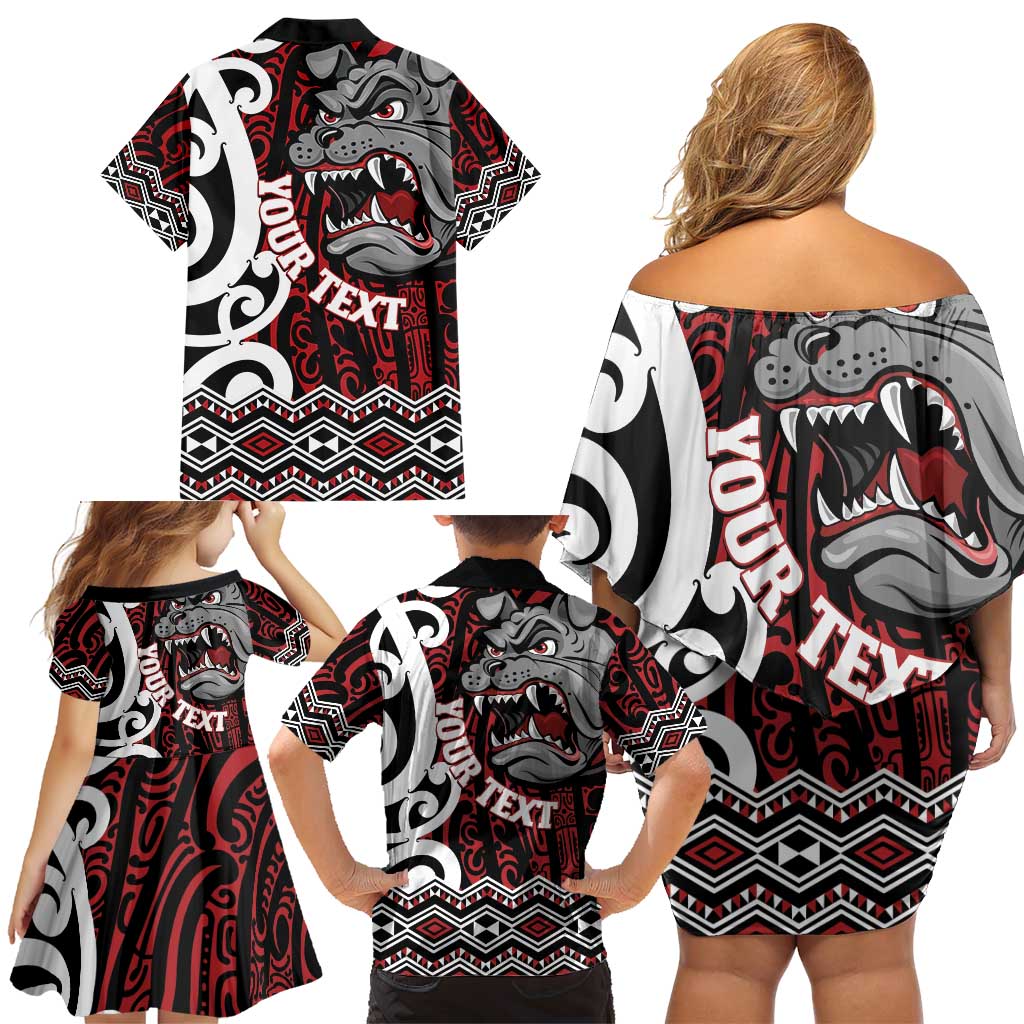 Personalised Aotearoa Bulldog Family Matching Off Shoulder Short Dress and Hawaiian Shirt New Zealand Maori Taniko Art
