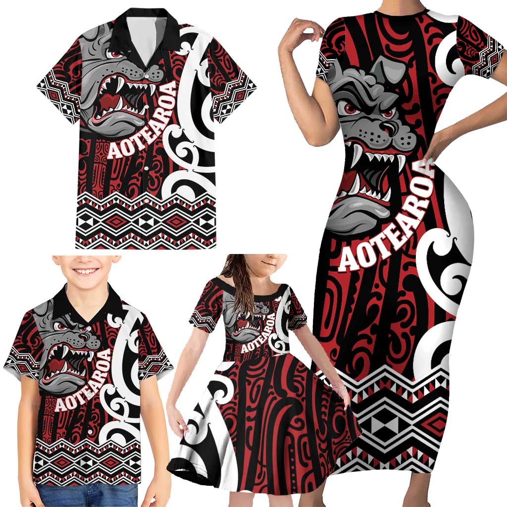 Personalised Aotearoa Bulldog Family Matching Short Sleeve Bodycon Dress and Hawaiian Shirt New Zealand Maori Taniko Art