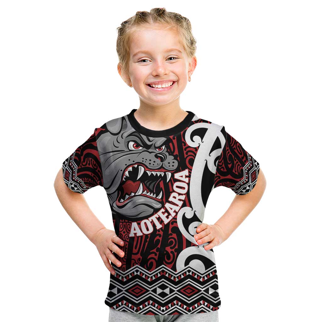 Personalised Aotearoa Bulldog Kid T Shirt New Zealand Maori Taniko Art