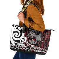 Personalised Aotearoa Bulldog Leather Tote Bag New Zealand Maori Taniko Art