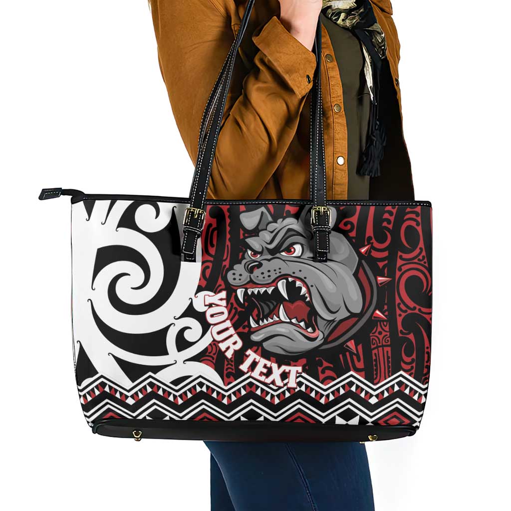 Personalised Aotearoa Bulldog Leather Tote Bag New Zealand Maori Taniko Art