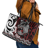 Personalised Aotearoa Bulldog Leather Tote Bag New Zealand Maori Taniko Art