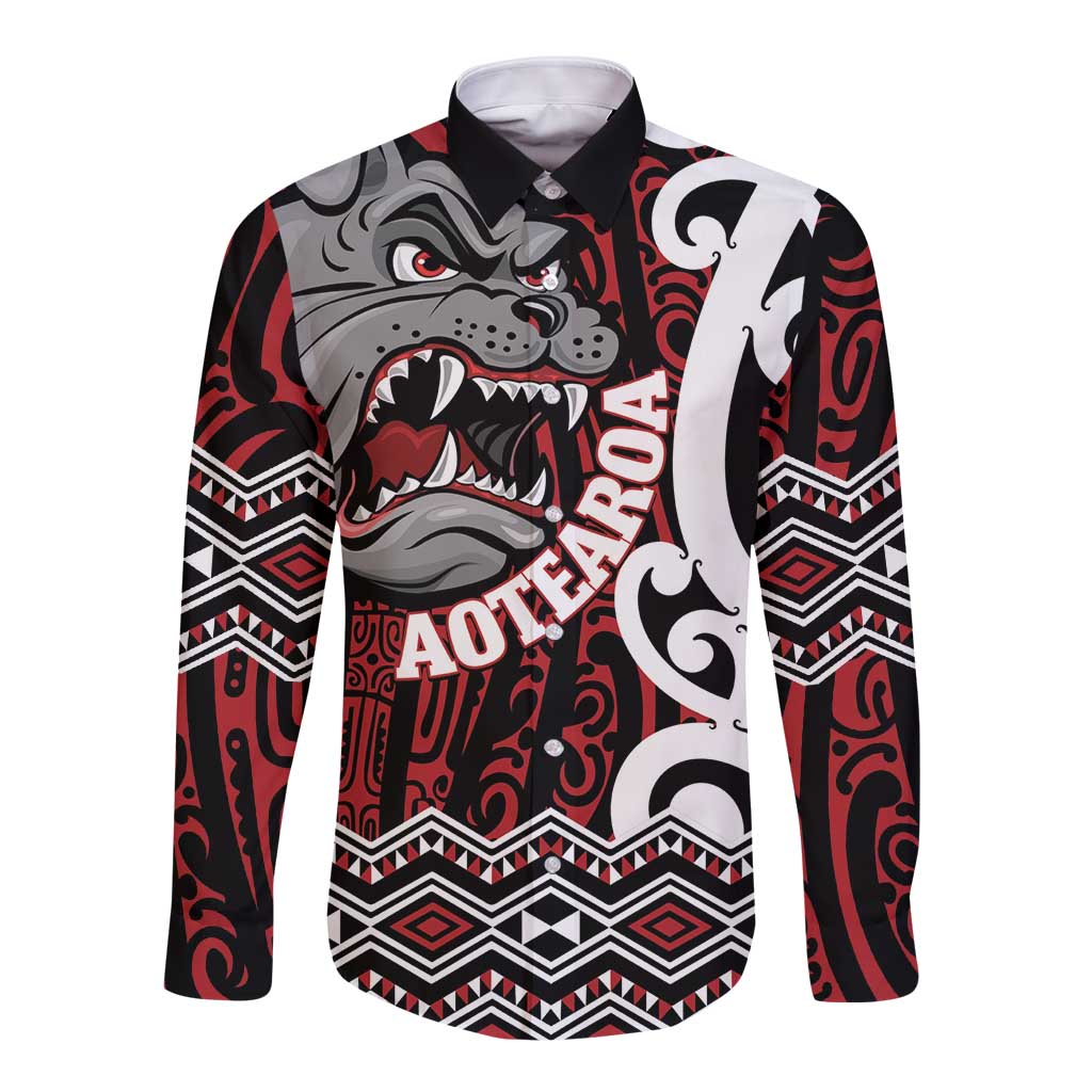Personalised Aotearoa Bulldog Long Sleeve Button Shirt New Zealand Maori Taniko Art