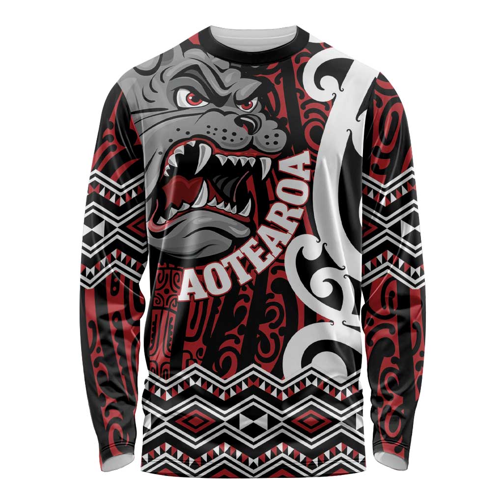 Personalised Aotearoa Bulldog Long Sleeve Shirt New Zealand Maori Taniko Art