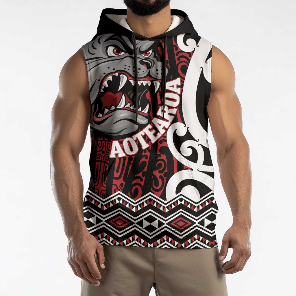 Personalised Aotearoa Bulldog Sleeveless Hoodie New Zealand Maori Taniko Art - Polynesian Pride