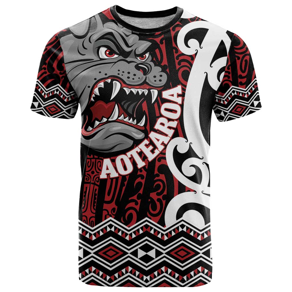 Personalised Aotearoa Bulldog T Shirt New Zealand Maori Taniko Art