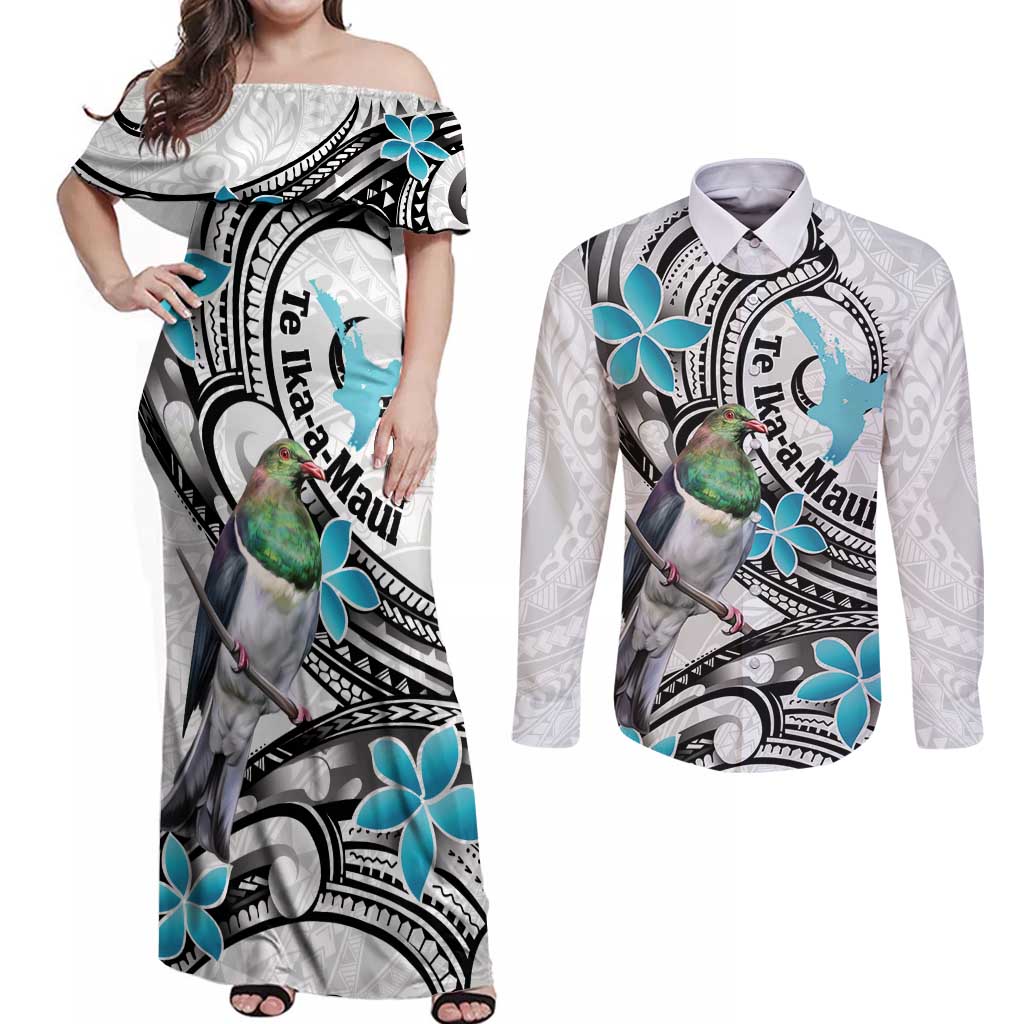 Aotearoa Te Ika-a-Maui Couples Matching Off Shoulder Maxi Dress and Long Sleeve Button Shirt South Island Kekeru Maori Koru LT14 White - Polynesian Pride