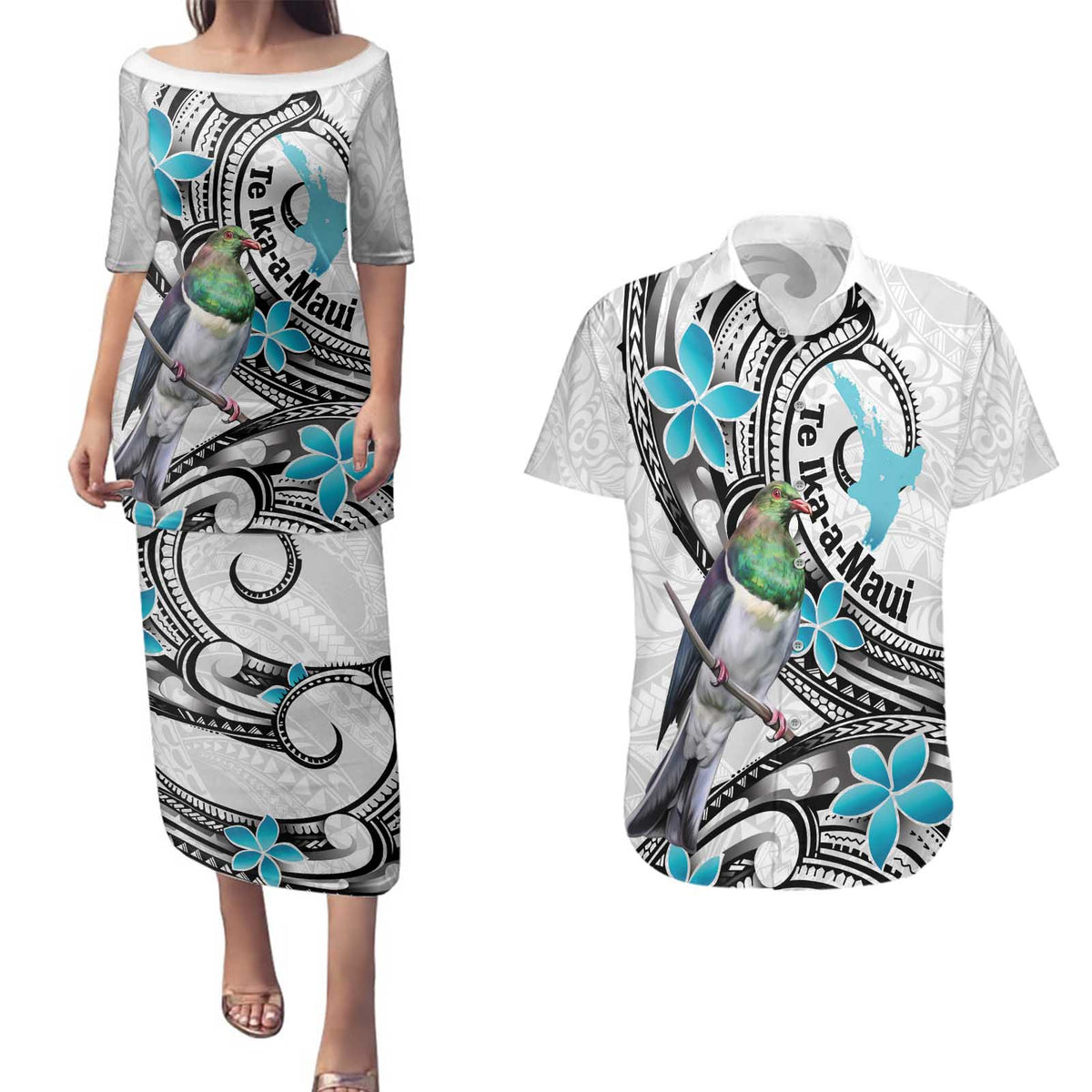 Aotearoa Te Ika-a-Maui Couples Matching Puletasi and Hawaiian Shirt South Island Kekeru Maori Koru LT14 White - Polynesian Pride