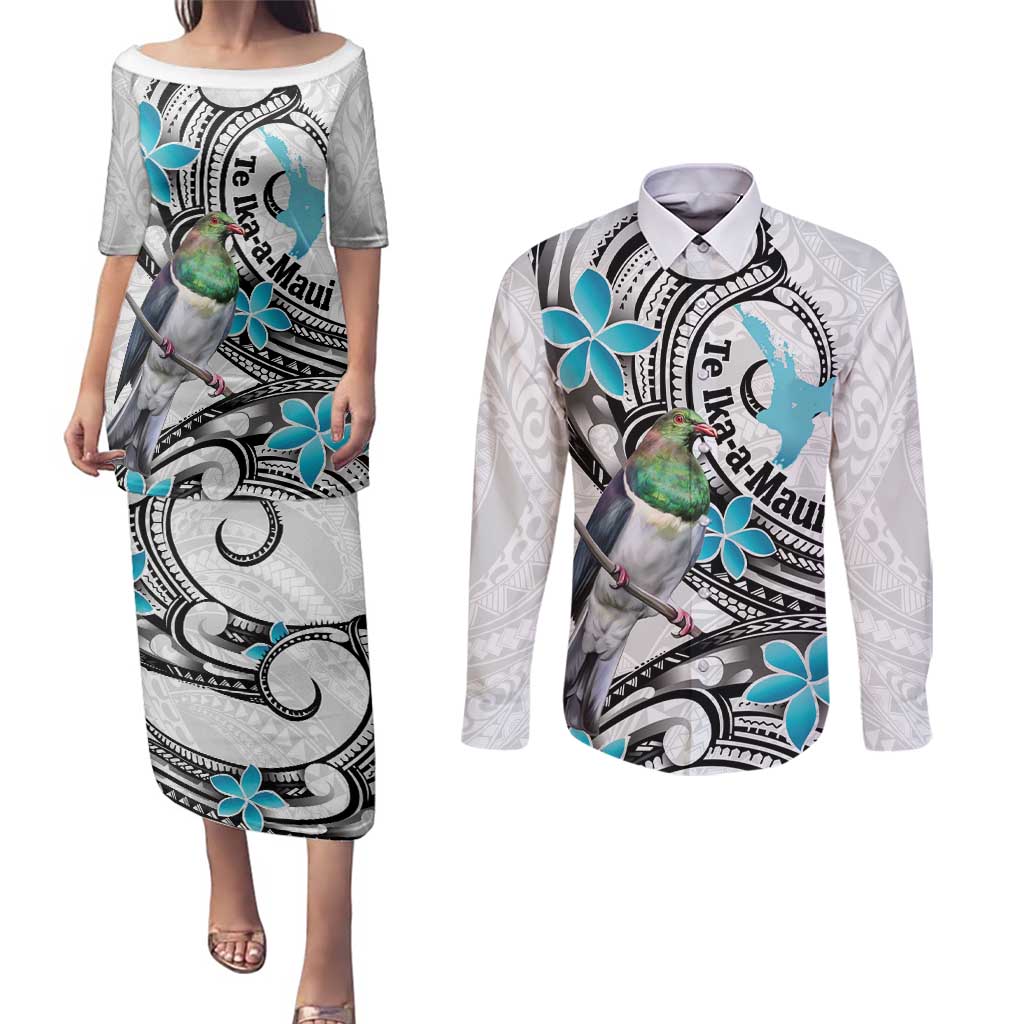 Aotearoa Te Ika-a-Maui Couples Matching Puletasi and Long Sleeve Button Shirt South Island Kekeru Maori Koru LT14 White - Polynesian Pride