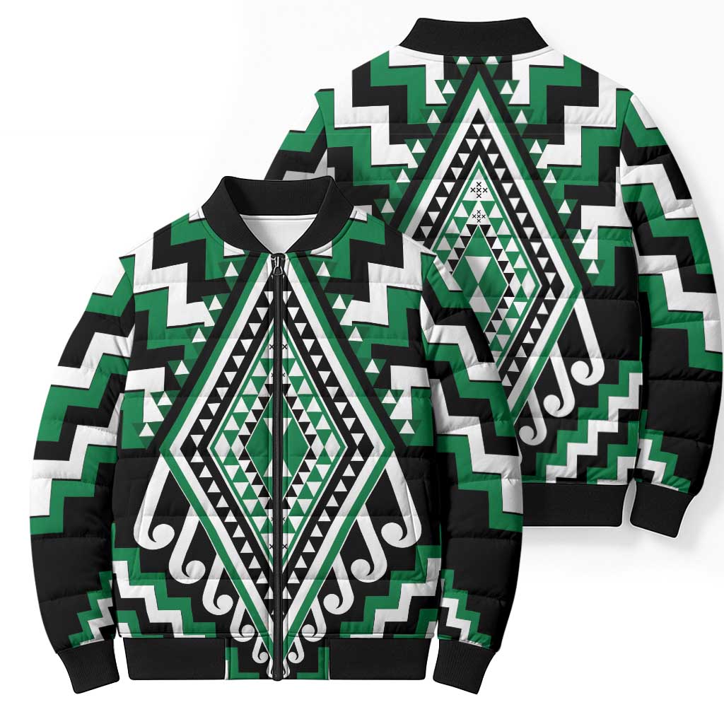 Green New Zealand Taniko Poutama Patikitiki Bomber Puffer Jacket - Polynesian Pride