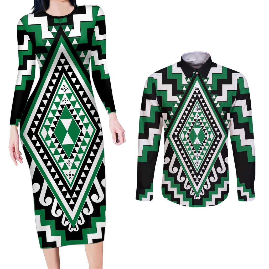 Green Aotearoa Taniko Poutama Patikitiki Couples Matching Long Sleeve Bodycon Dress and Long Sleeve Button Shirt LT14 Green - Polynesian Pride