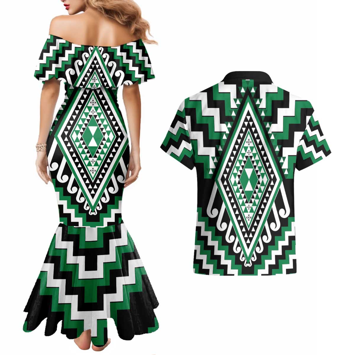 Green Aotearoa Taniko Poutama Patikitiki Couples Matching Mermaid Dress and Hawaiian Shirt LT14 - Polynesian Pride