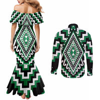 Green Aotearoa Taniko Poutama Patikitiki Couples Matching Mermaid Dress and Long Sleeve Button Shirt LT14 - Polynesian Pride