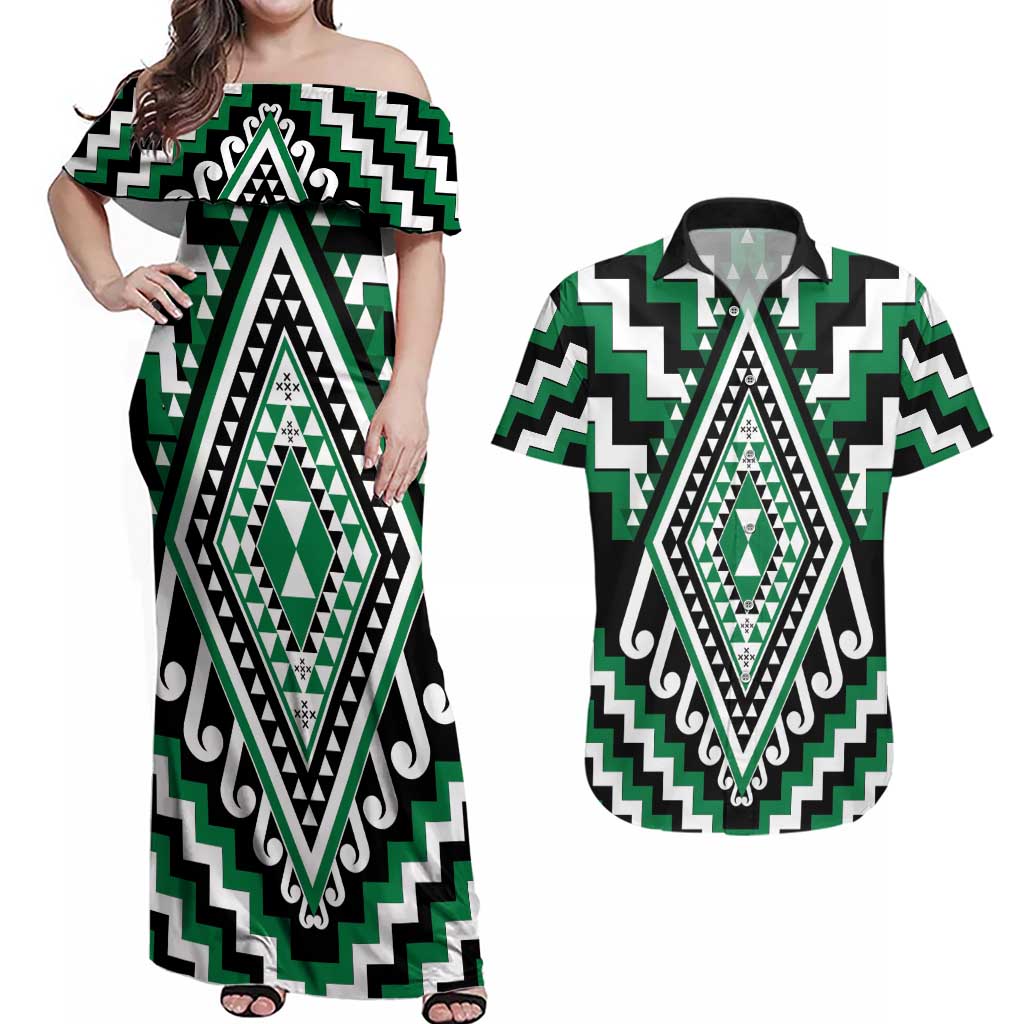 Green Aotearoa Taniko Poutama Patikitiki Couples Matching Off Shoulder Maxi Dress and Hawaiian Shirt LT14 Green - Polynesian Pride
