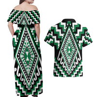 Green Aotearoa Taniko Poutama Patikitiki Couples Matching Off Shoulder Maxi Dress and Hawaiian Shirt LT14 - Polynesian Pride