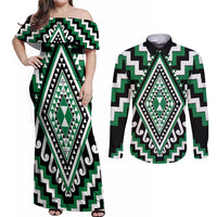 Green Aotearoa Taniko Poutama Patikitiki Couples Matching Off Shoulder Maxi Dress and Long Sleeve Button Shirt LT14 Green - Polynesian Pride