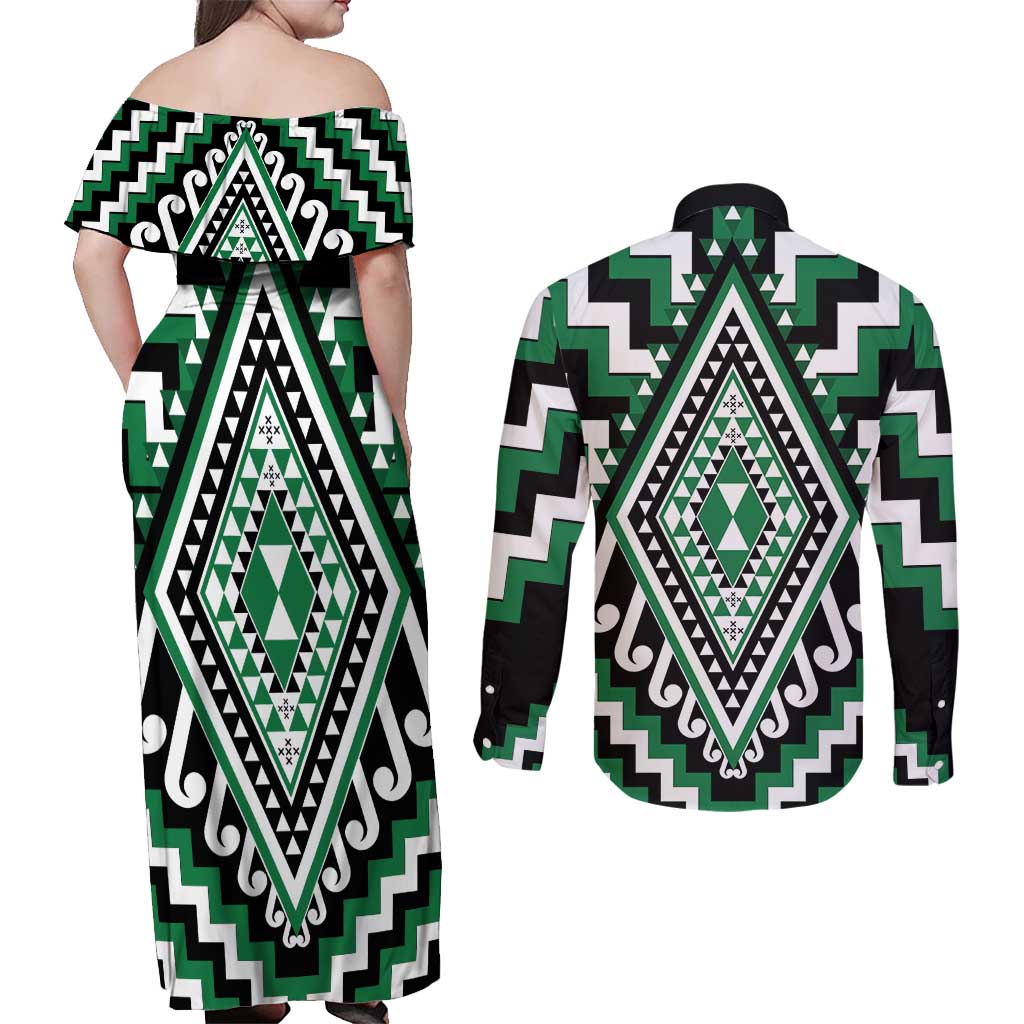 Green Aotearoa Taniko Poutama Patikitiki Couples Matching Off Shoulder Maxi Dress and Long Sleeve Button Shirt LT14 - Polynesian Pride