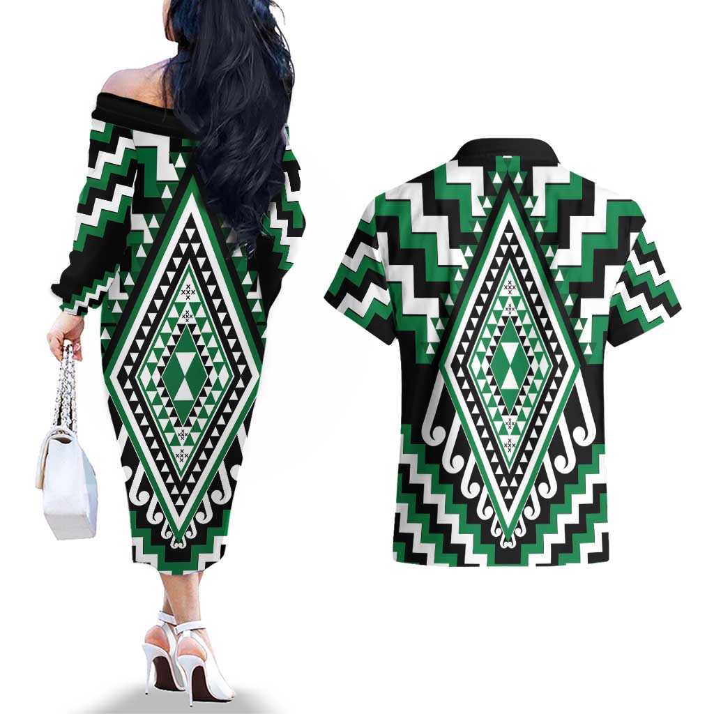 Green Aotearoa Taniko Poutama Patikitiki Couples Matching Off The Shoulder Long Sleeve Dress and Hawaiian Shirt