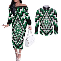 Green Aotearoa Taniko Poutama Patikitiki Couples Matching Off The Shoulder Long Sleeve Dress and Long Sleeve Button Shirt LT14 Green - Polynesian Pride