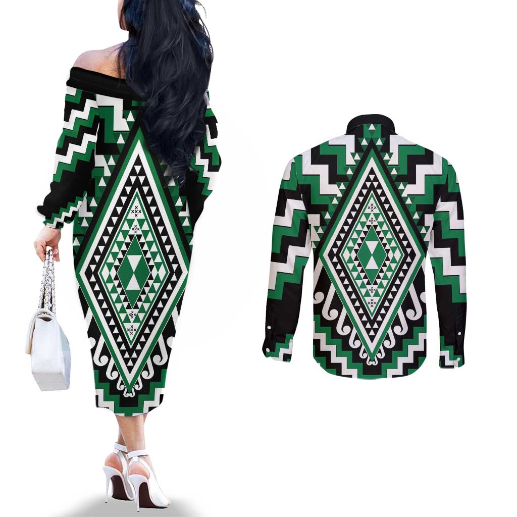 Green Aotearoa Taniko Poutama Patikitiki Couples Matching Off The Shoulder Long Sleeve Dress and Long Sleeve Button Shirt LT14 - Polynesian Pride