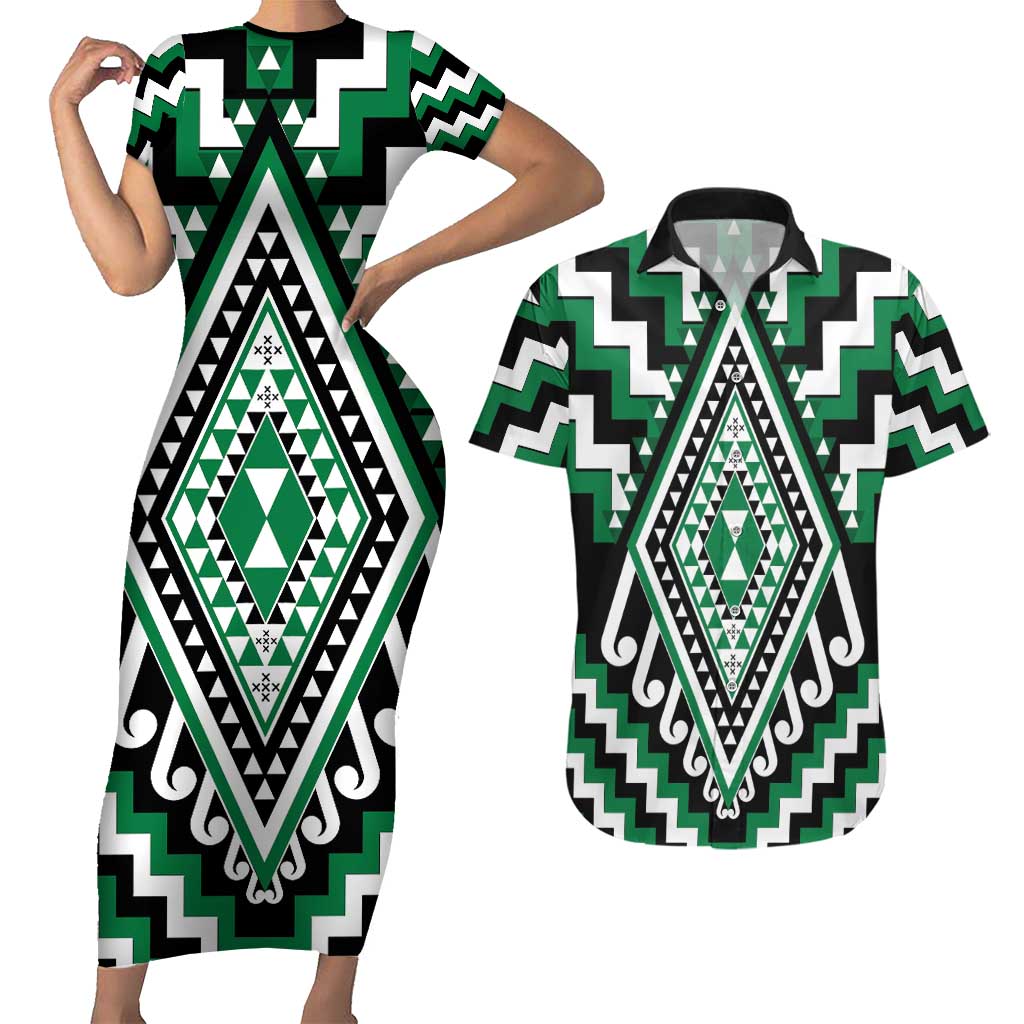 Green Aotearoa Taniko Poutama Patikitiki Couples Matching Short Sleeve Bodycon Dress and Hawaiian Shirt LT14 Green - Polynesian Pride