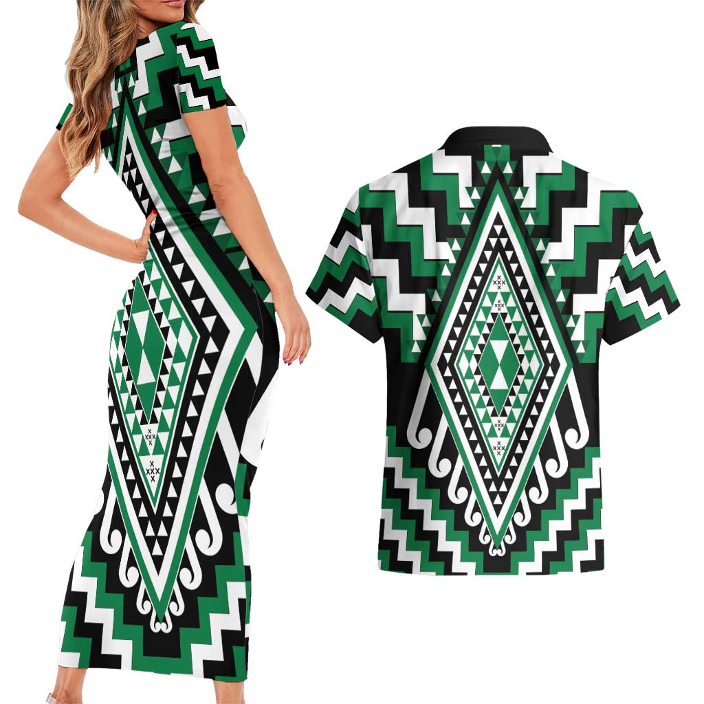 Green Aotearoa Taniko Poutama Patikitiki Couples Matching Short Sleeve Bodycon Dress and Hawaiian Shirt LT14 - Polynesian Pride