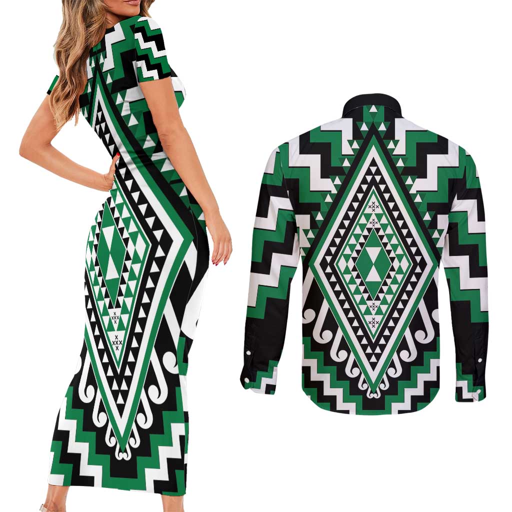 Green Aotearoa Taniko Poutama Patikitiki Couples Matching Short Sleeve Bodycon Dress and Long Sleeve Button Shirt LT14 - Polynesian Pride